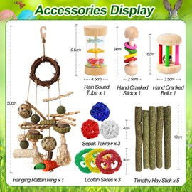 15PCS Rabbit Toys for Bunnies Boredom Enrichment with Wooden Guinea Pig Bunny Toys for Rabbits Indoor Hanging Chinchilla Hamster Rat Bunny Rabbit Chew Toy for Teeth Keep Busy Grass Sticks Treat Balls
