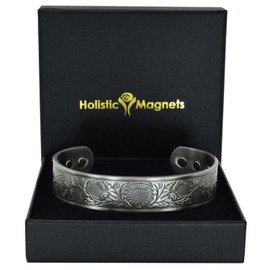 Wide Copper Magnetic Bracelet for Men Copper Wristband Pewter Plated 6 Magnets, Scottish Thistle-STP (M: Wrist 16.5–19.5cm/6.3–7.7”)