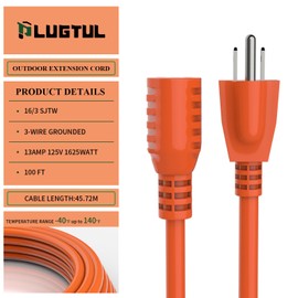 Outdoor Extension Cord 100 FT Waterproof, 16/3 Gauge Heavy Duty 3 Prong Extension Cord, 13A 1625W SJTW, ETL Listed, Great for Garden and Home, Orange