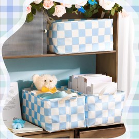 Boao 3 Pcs Checkered Basket Checkered Storage Bin with Handles Gingham Storage Bin Square Tote Laundry Basket Canvas Foldable Box for Home Office Bedroom Bathroom Clothes Cars(Blue)