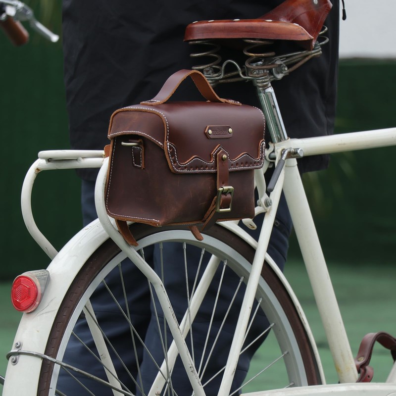 TOURBON Retro Bike Handlebar Bag Genuine Leather Bicycle Rear Saddle