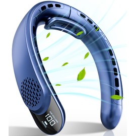 FrSara Portable Neck Fan Rechargeable, Personal Battery Powered Cooling Device that Blows Cold Air with 4000mAh, LED Display, 3 Speeds, USB TYPE-C, Ideal Gift for Women, Travel, Men, Sports, Blue