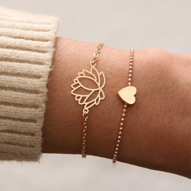 Cybche Boho Lotus Flower Bracelet Gold Tiny Heart Bracelet Hollow Floral Bracelet Water Lily Bracelet Love Heart Bangle Bracelet Adjustable Flower Hand Chain Bracelet Jewelry for Women