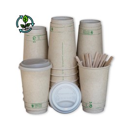 Certified Compostable Coffee Cups by Living Balance | 16oz - 75 Cups with Compostable Lids, Stirrers, and Integrated Sleeves
