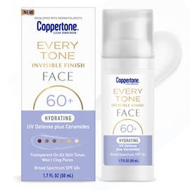 Coppertone Every Tone Invisible Finish Hydrating UV Defense Face Sunscreen SPF 60+ with Ceramides, Lightweight, Blends in Clear Sunscreen for All Skin Tones, 1.7 Fl Oz Pump Bottle