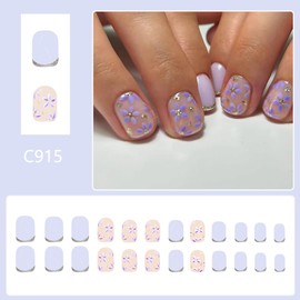 24 Pcs Purple Press on Nails Short Square Summer Fake Nails Nude False Nails Press ons with Glitter Purple Flowers Design Glossy French Nail Tips Full Cover Acrylic Nail Kit for Women