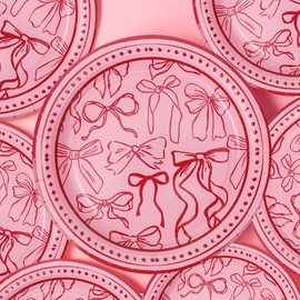 KARAQY 48PCS Pink Bow Paper Plate,7 and 9 Inch Hand-Painted Pink Bow Disposable Plate for Bachelorette Coquette Birthday Party baby shower Decorations