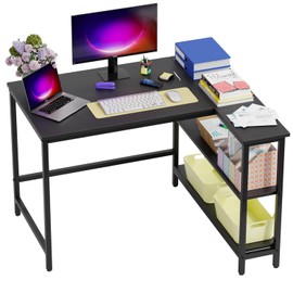 FDW L-Shaped Gaming Desk 43 Inch Computer Desk Corner Desks with Reversible Side Storage Shelves Study Desk Metal Frame PC Work Table for Home Office Dorm Sturdy Writing Workstation, Black