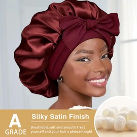 1 x Satin Night Cap Silk Hat for Women Head Size Adjustable for Curly Natural Hair (Red)