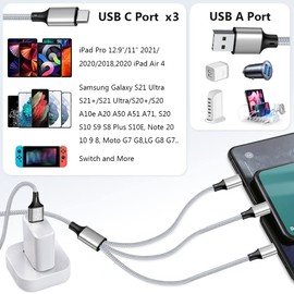 Puxnoin Multi Charging Cable, USB C Splitter Cable, 3 in 1 Fast Charging Cord with 3 Type-C Male Port Compatible with Cell Phones Tablets and More - 2Pack 4FT Silver