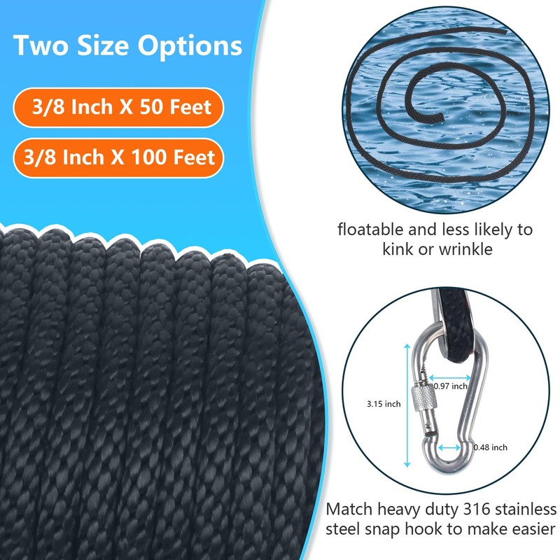 3/8 Inch 100 FT Anchor Rope, Boat Anchor Rope Solid