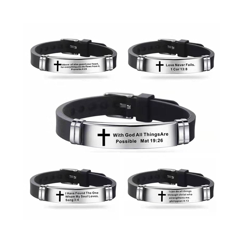 KunBead Mens Religious Cross Silicone Bracelet for Women Engraved Inspirational