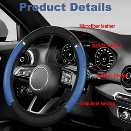Car Steering Wheel Cover Leather,Anti-Slip Breathable Carbon and Microfiber Fiber Texture Steering Wheel Covers Universal 37-38.1cm 14.5-15inch Sporty Blue Automotive Interior Accessories for Cars