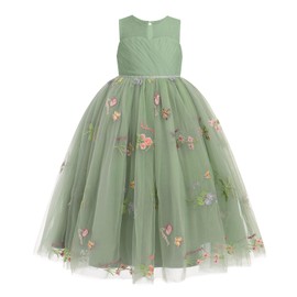 IDOPIP Embroidery Flower Girl Dress for Kids Wedding Bridesmaid Pageant Party Formal Long Gown Little Princess Birthday First Communion Prom Graduation Ruffle Tulle Maxi Ball Dresses Green 7-8 Years