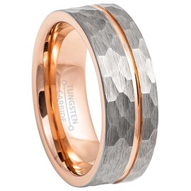 Jewelry Avalanche 8mm Mens 2-Tone Rose Gold Tungsten Wedding Band, Off Center Groove Hammered Finish, Comfort-Fit Pipe Cut Engagement Ring - TN908s13
