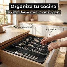 Organizador de Cubiertos para Cajón Expandible, Bandeja Ajustable de 7 Compartimentos para Utensilios, Separador de Plástico Robusto para Cocina y Hogar, Negro