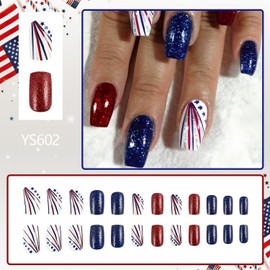 4th of July Press on Nails Medium Square Fake Nails with Star and Red Blue Stripe Designs Glitter Independence Day False Nails Sparkly Full Cover Acrylic Nails for Women Nail Art Manicure 24 Pcs