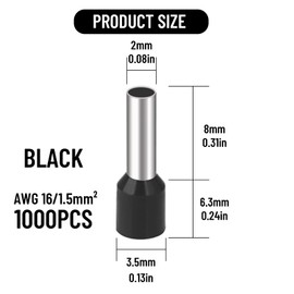 1000Pcs Wire Ferrules, Ferrule Connectors, PVC Hexagonal Wire Ferrules Terminals Crimping Tool AWG 16, Insulated Crimp Pin Cord End Terminals, for Electric Wire (Black)