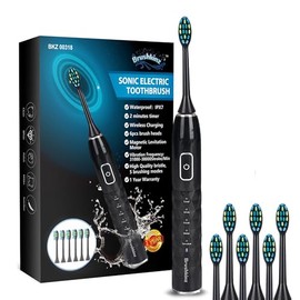 BRUSHKINZ Sonic Electric Toothbrush Black - 5 Modes with Smart Timer - Soft Bristle Wireless Rechargeable Toothbrush for Adults - Power Vibrating Toothbrush for Dental Oral Care - Lasts 60 Days