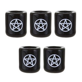Mega Candles - 5 pcs Ceramic White Pentacle Chime Ritual Spell Candle Holder - Black