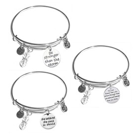 Hidden Hollow Beads Women's Stainless Steel Message Charm Expandable Wire Bangle Bracelet, Very Popular and Stylish, Arrives in a Gift Box. (3 Pack Inspirational and Empowerment)