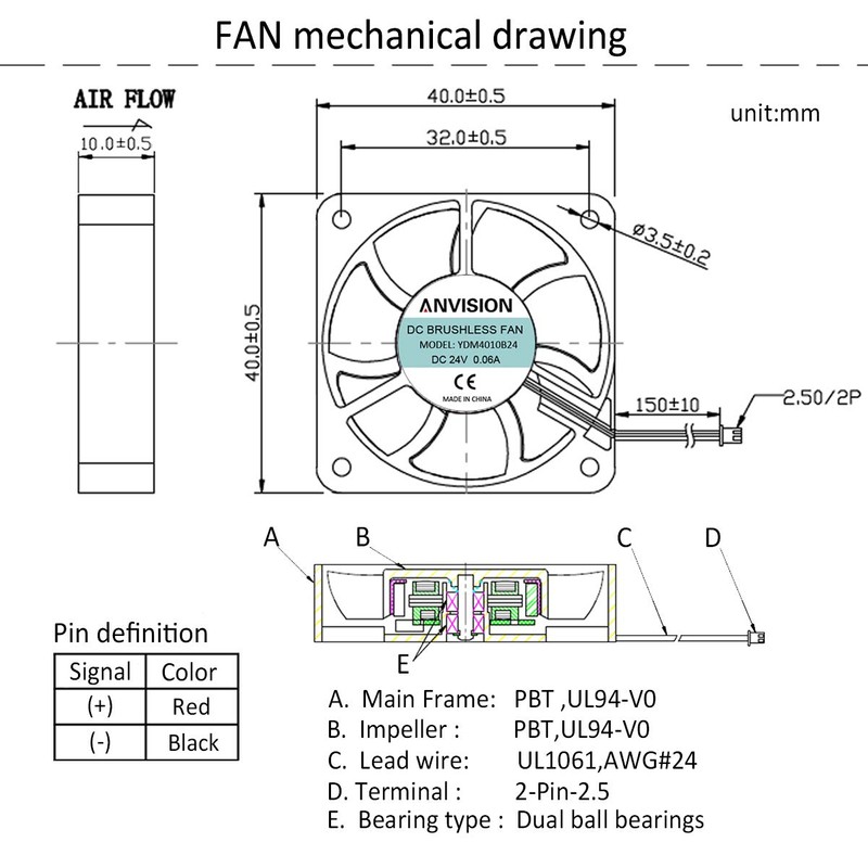 Anvision YDM4010B24 24V 40mm Dual Bearing Cooling Fan