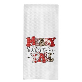 uinwk Merry Christmas Y'all Kitchen Towels, Trendy Groovy Leopard Buffalo Plaid Christmas Hand Towels for Bathroom, Christmas Dish Towels for Kitchen, Christmas Kitchen Bathroom Decor, 16x24 Inch