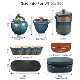 Portable Ceramic Tea Set, Grey Leather Case, Porcelain Teapot, Tray and Filter, for Home, Gifting, Outdoor and Office (Black)