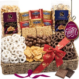 Nut Cravings KREMERY Creamy Chocolate Cravings - Easter Treats, Chocolate Covered Pretzels & Caramel Popcorn Gift Basket, in Seagrass Tray + Ribbon (Premium, 2.5 lbs) Birthday Care Package - Kosher Dairy, USA Made