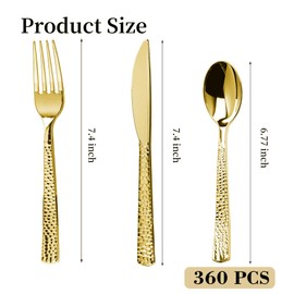 Pryntono 360PCS Gold Plastic Silverware, Heavy Duty Plastic Cutlery Set, Disposable Utensils, 120 Forks, 120 Spoons and 120 Knives for Party, Wedding and Events