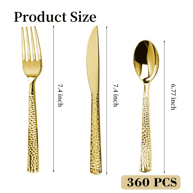 Pryntono 360PCS Gold Plastic Silverware, Heavy Duty Plastic Cutlery Set,