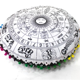 Round Mandala Floor Pillow Cover Seating Cushion Throw Cover Hippie Decorative Bohemian Ottoman Pouf Cover, Pom Pom Pillow Cases,Boho Indian Black and White, 32" Round