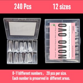 NOVO OVO 240 pcs Extra Long Duck Nail Tips Full Cover for Acrylic, Clear XL XXL Flare Feet Nails Press On, Y2K Vibe Wide French Soft Gel False Nail Extension for Art Salon x 12 Sizes in Box