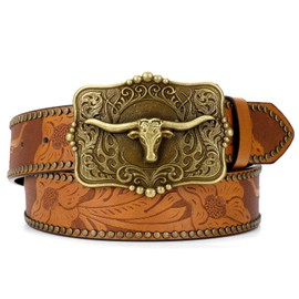 SUOSDEY Western Cowboy Leather Belts for Men Women Texas Longhorn Bull Buckle Floral Engraved Embossed Leather Belt for Jeans