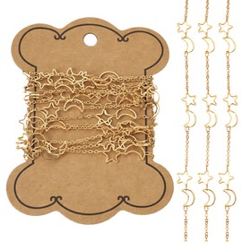 Pandahall - Cadenas de eslabones de estrella de luna dorada de 6.56 pies, cadenas de latón con placa de oro, cadenas de joyería para capas de cadena de joyería con papel de tarjeta