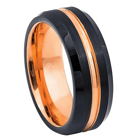 8mm Mens 2-Tone Rose Gold Black Tungsten Wedding Band, Grooved Center with Brushed Sides, Comfort-Fit Beveled Edge Engagement Ring - TN906s11