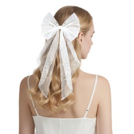 2 Items Bride To Be Embroidered Hair Bow Veil Tier Tulle Pearl Bridal Shower Accessory for Bachelorette Party, Engagement Gift