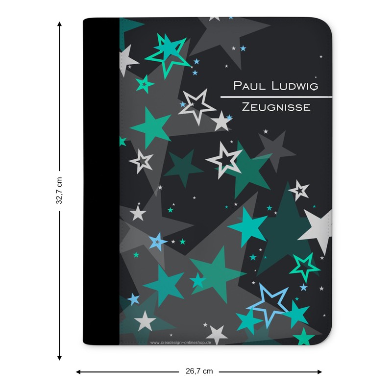CreaDesign, Children's Certificate Folder with Name, Certificate Folder Stars Turquoise