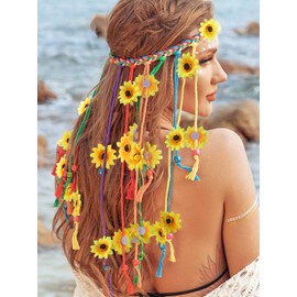 GENBREE Boho Daisy Headband Rainbow Braided Headpiece Summer Beach Tassel Hairband Floral Hippie Hair Accessories for Women and Girls (Yellow)