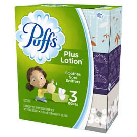Puffs Plus Lotion Facial Tissues, 3 Family Boxes, 124 tissues per box, 372 Count