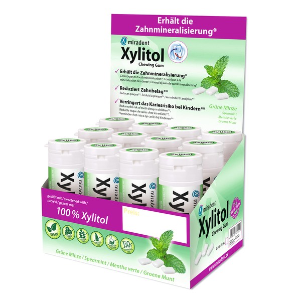miradent Xylitol Dental Care Chewing Gum Green Mint Display Pack of 12 | Refreshing Taste | Sugar-Free | Vegan | Caries Preventive | for on the Go