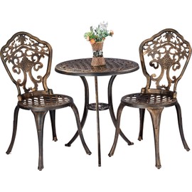 ZOTORUN Bistro Set 3 Piece Rustproof Cast Aluminum Patio Furniture Sets 2 Chairs and 1 Round Table Outdoor, Garden, Patio, Balcony, Bronze