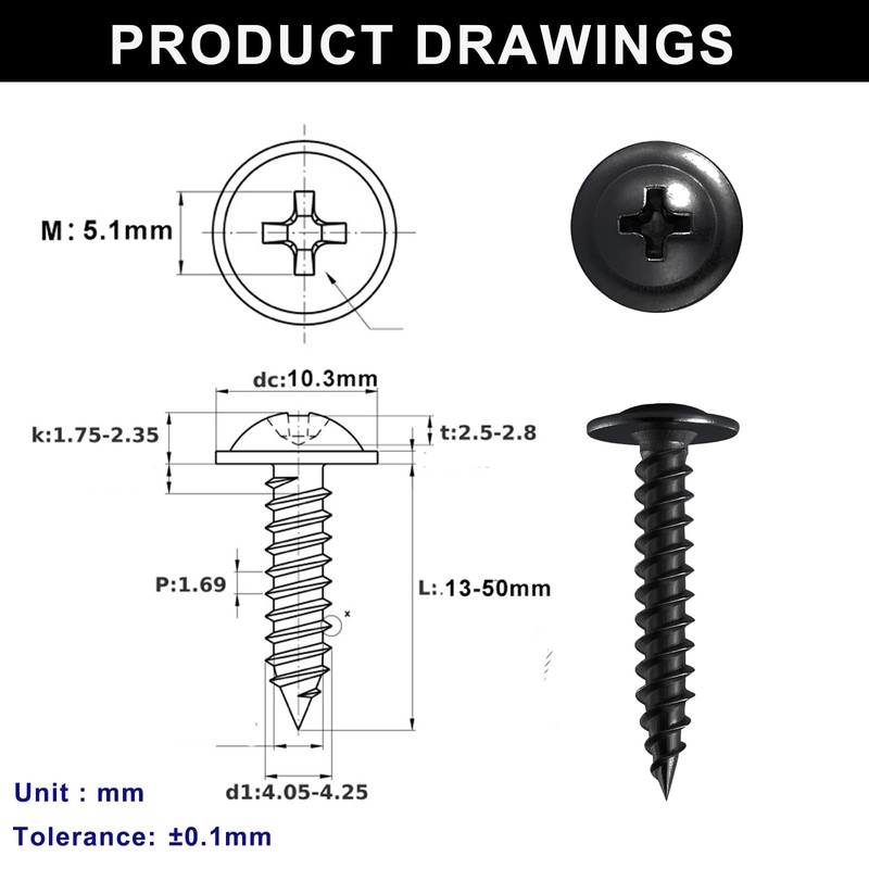 FandWay 100Pcs Wafer Head Self Tapping Screws Black,M4.2x32mm Wood Screws