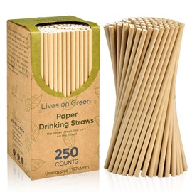 Lives on Green Brown Kraft Paper Straws 7.75" x 0.25" for Milk, Juice, Tea, Hot or Cold Drinks - 100% Biodegradable - Pack of 250