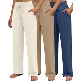 Neer 3 Pack Women's Lounge Pants Wide Leg Yoga Sweatpants with Pockets High Waisted Drawstring Lounge Loose Workout Jogger(Dark Blue, Khaki, Light Beige, Medium)