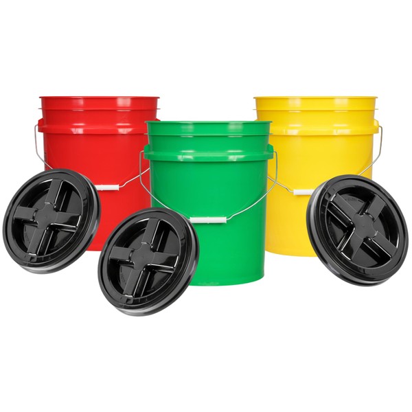 House Naturals 5 Gal Plastic Buckets Food Grade BPA Free Made in USA pails with Screw On Gasket Lids - Pack of 3 - Yellow Green Red