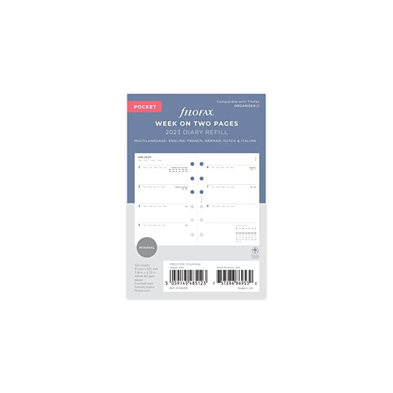 Filofax Miniimal WTV Diary Refill Pack Pocket 2023, 23-68290, Minimal