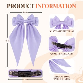 Loqpol 3 PCS Silky Satin Hair Bows, Oversized Long Tail Bows with Barrette Clips, Coquette Hair Accessories for Women and Girls (Light Pink - Lavender - Beige)