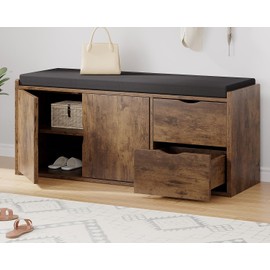LVB Entryway Shoe Bench, Rustic Storage Bench with Cushioned Seating, Long Hidden Shoe Organizer Bench with 2 Drawers, Industrial Wooden Shoe Benchs in Hallway Living Room Bedroom, Rustic Brown, 40in