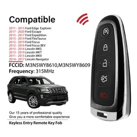Keylessbest Key Fob Remote Replacement for 2018 2019 2020 Ford Edge Escape Explorer 5 Buttons 315MHz M3N5WY8610,Black